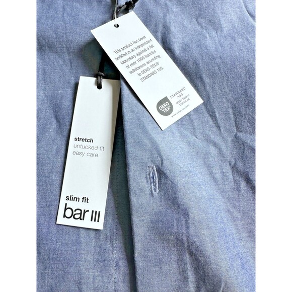 Bar III Men's Slim Fit Stretch Chambray Long Sleeve Dress Shirt Indigo Blue L - Picture 5 of 8
